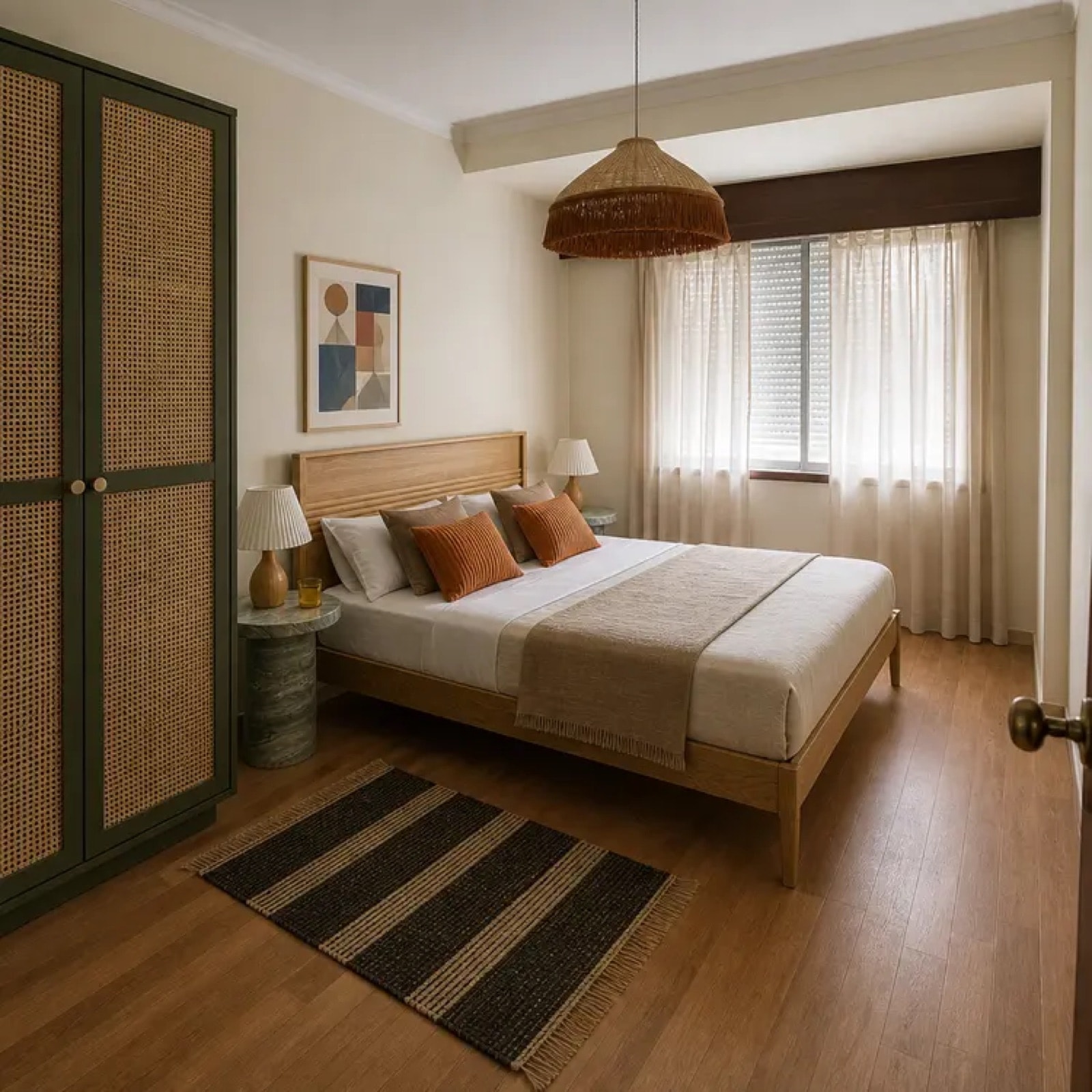 O mesmo quarto redesenhado pela MoveIn, com madeira e rattan